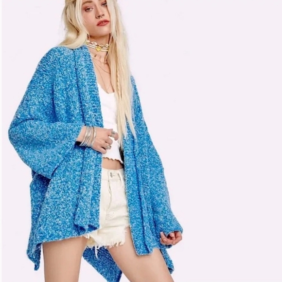 Free People BFF Cardi Boucle Knit Sweater Open Front Big Blue Color Small NWT - Picture 7 of 15